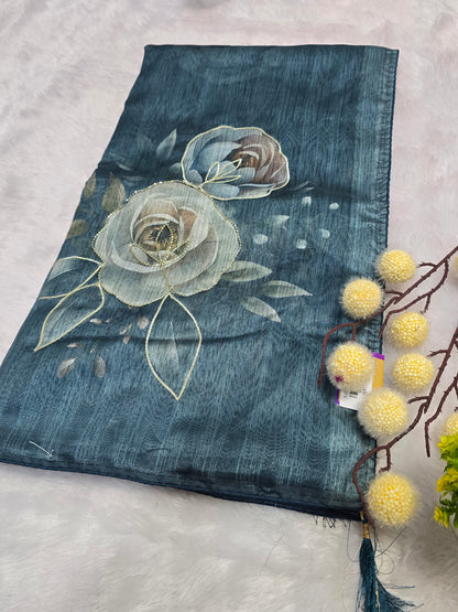 Blue Floral Handcrafted Saree
