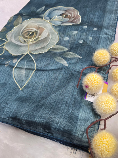Blue Floral Handcrafted Saree