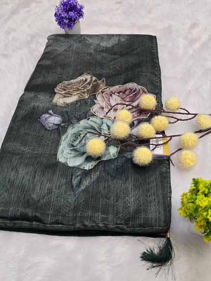 Green Floral Handcrafted Saree