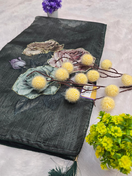 Green Floral Handcrafted Saree