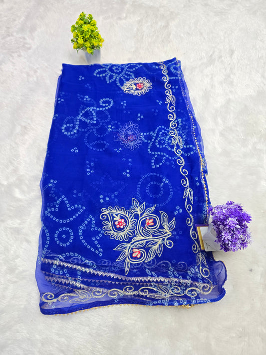 Royal Blue Bandhani Embroidered Saree