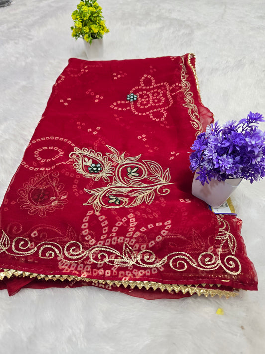 Red Bandhani Embroidered Saree