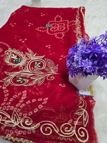 Red Bandhani Embroidered Saree
