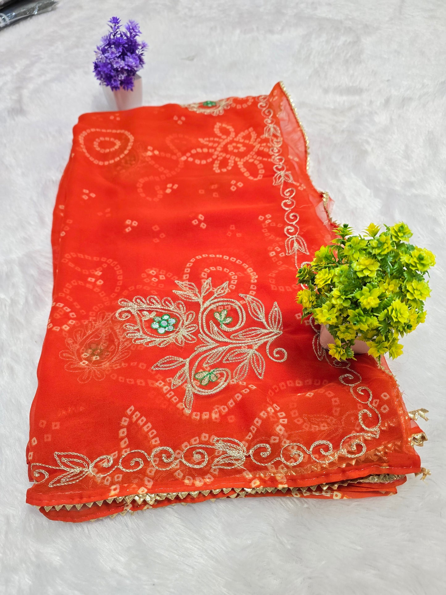 Orange Bandhani Embroidered Saree