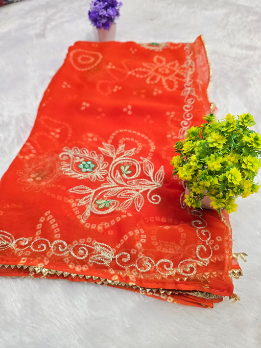 Orange Bandhani Embroidered Saree