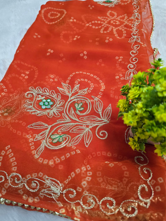 Orange Bandhani Embroidered Saree