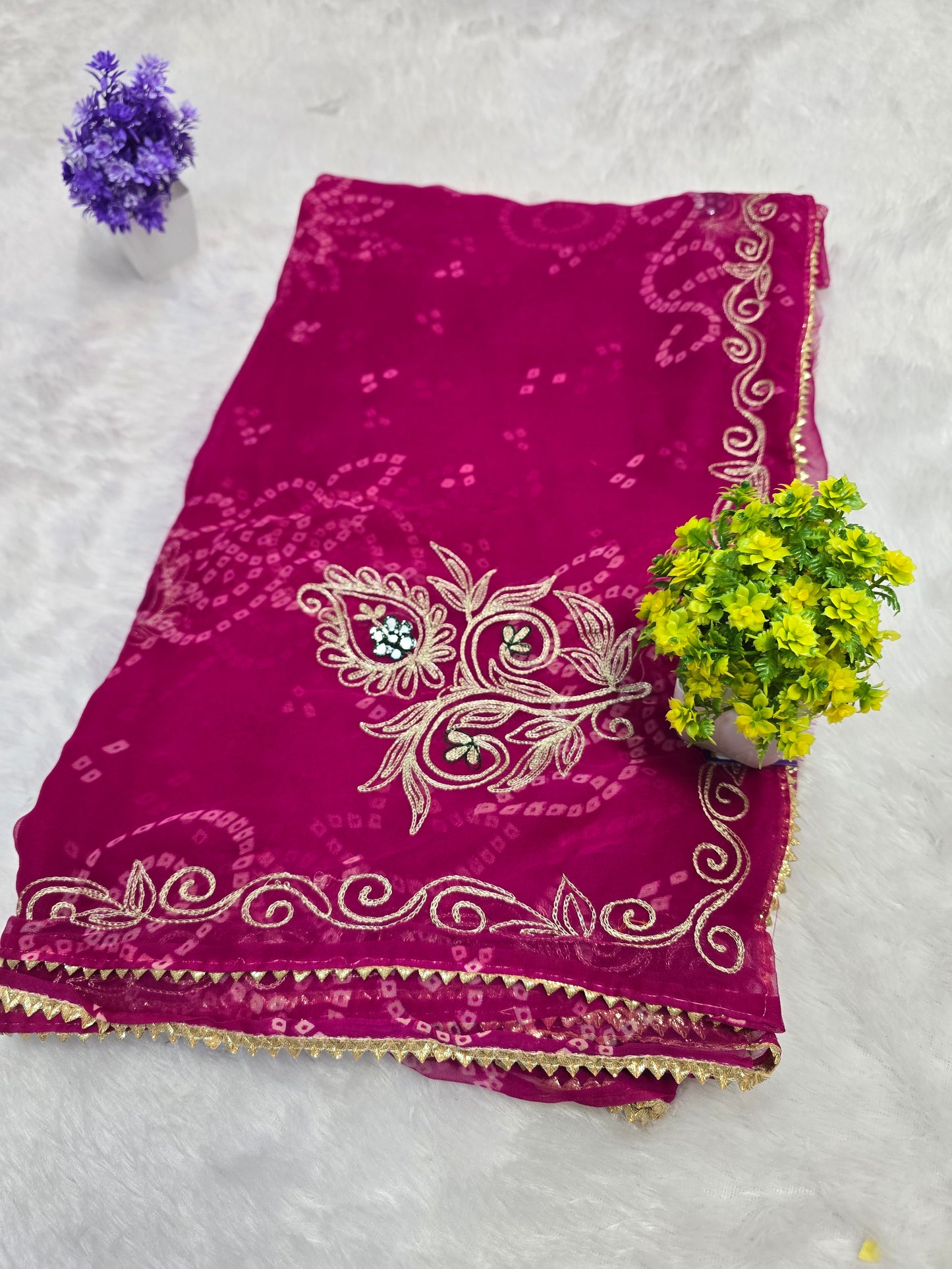 Pink Bandhani Embroidered Saree