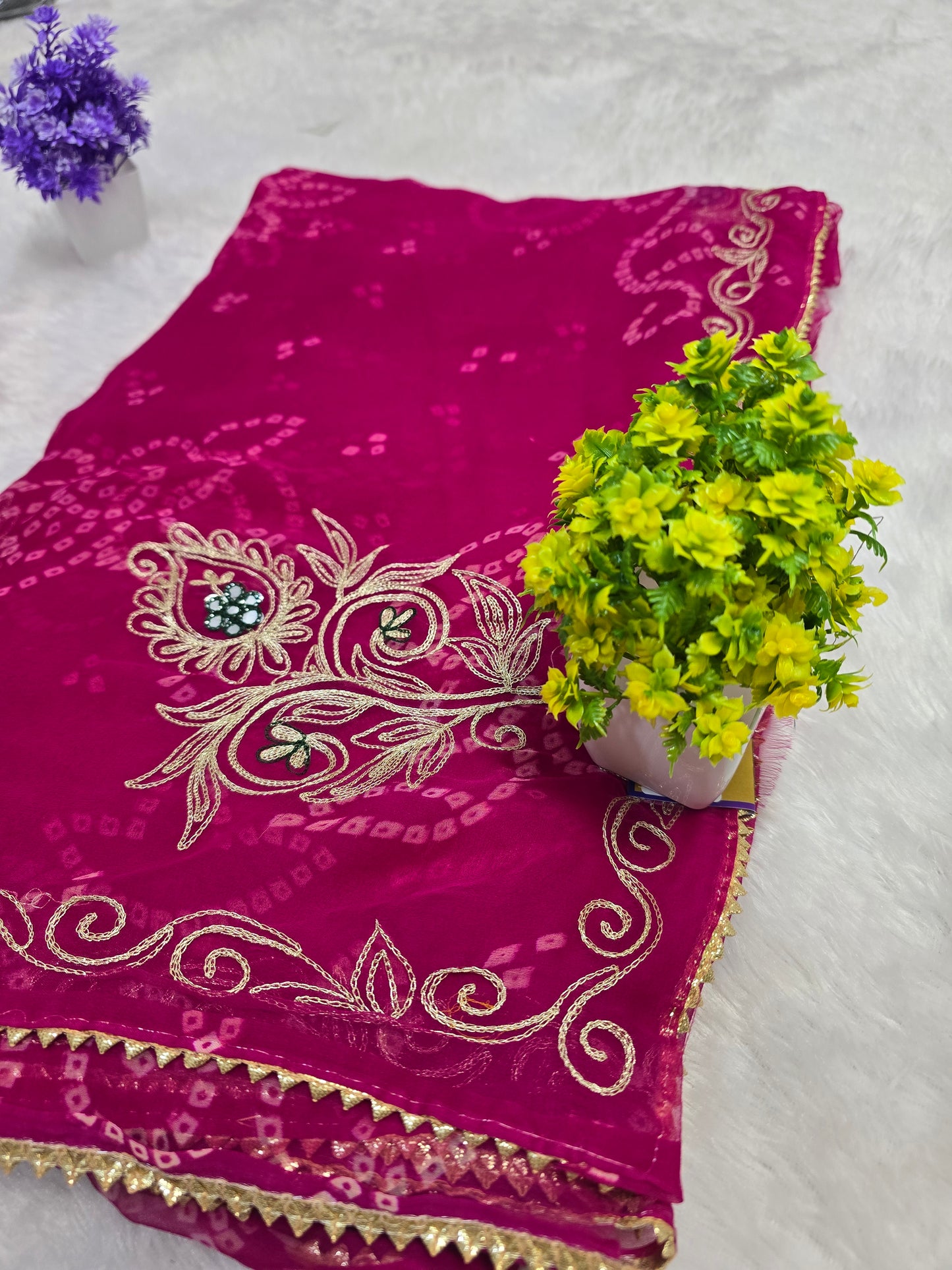Pink Bandhani Embroidered Saree