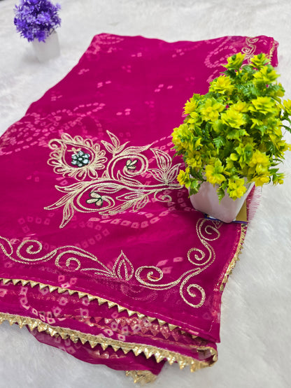 Pink Bandhani Embroidered Saree