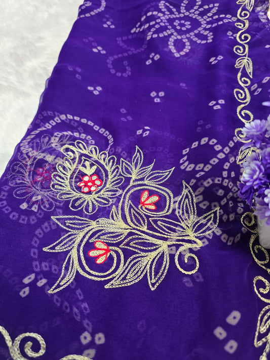 Purple Bandhani Embroidered Saree