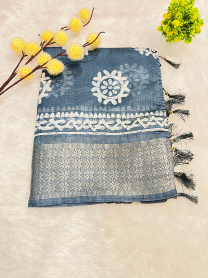 Steel Blue Printed Saree