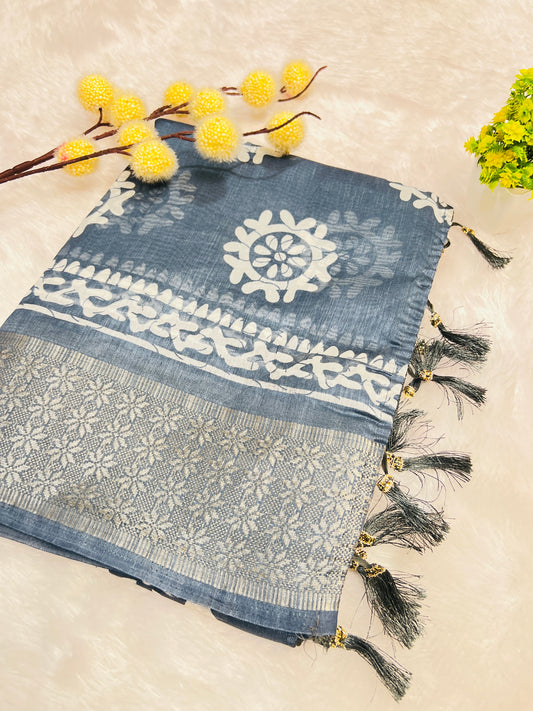 Steel Blue Printed Saree