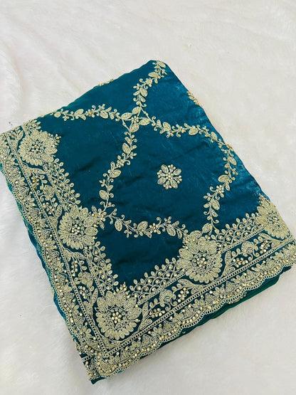 Teal Blue Designer Embroidered Saree