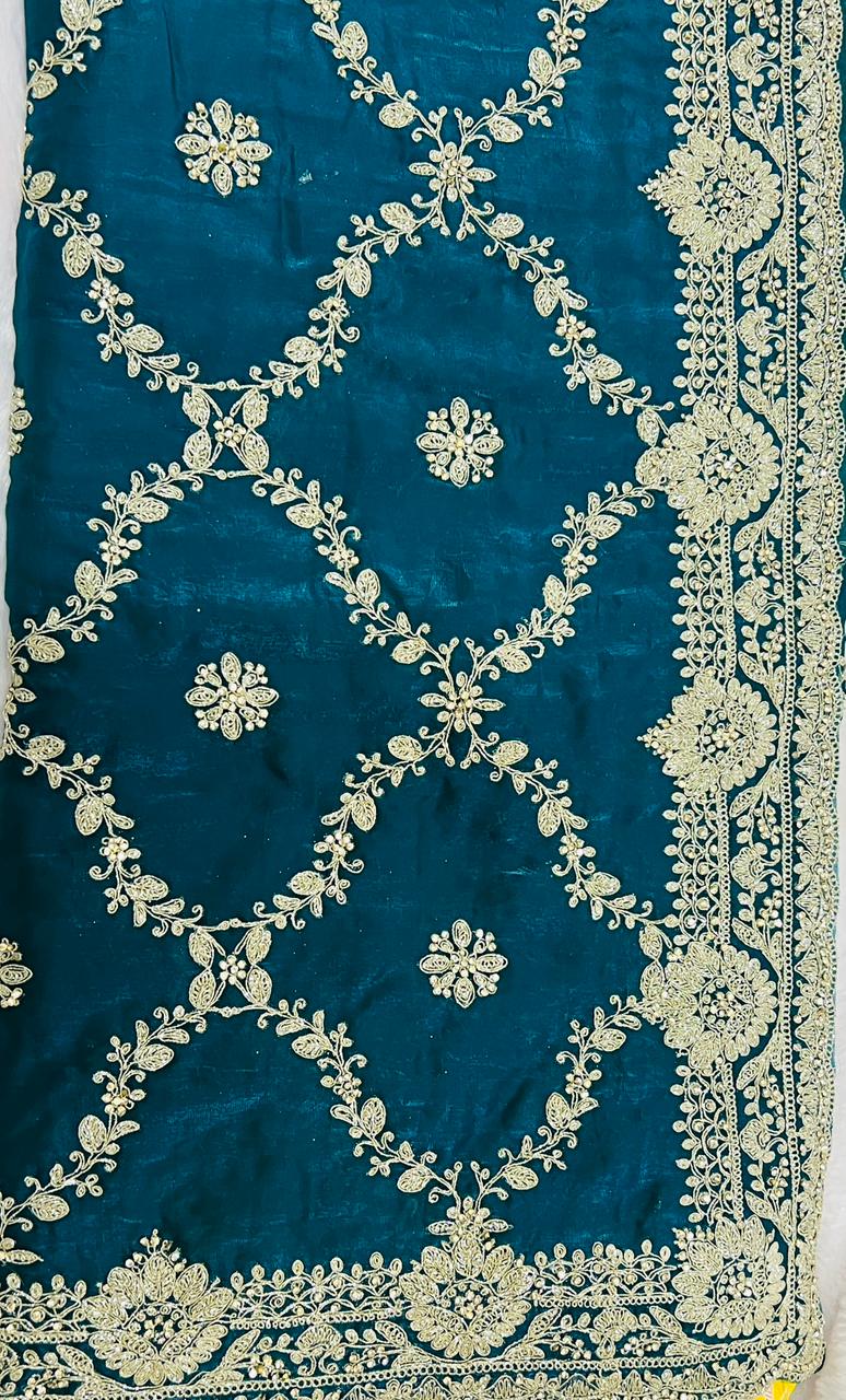 Teal Blue Designer Embroidered Saree