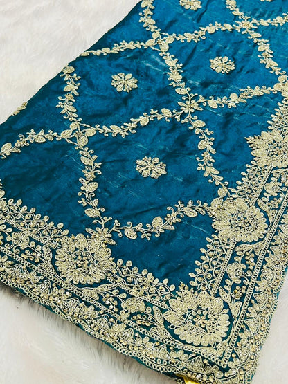 Teal Blue Designer Embroidered Saree