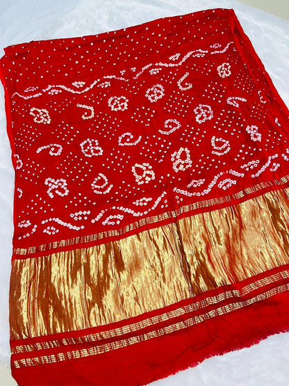 Red Bandhani Gajji Silk Saree with Golden Zari Border