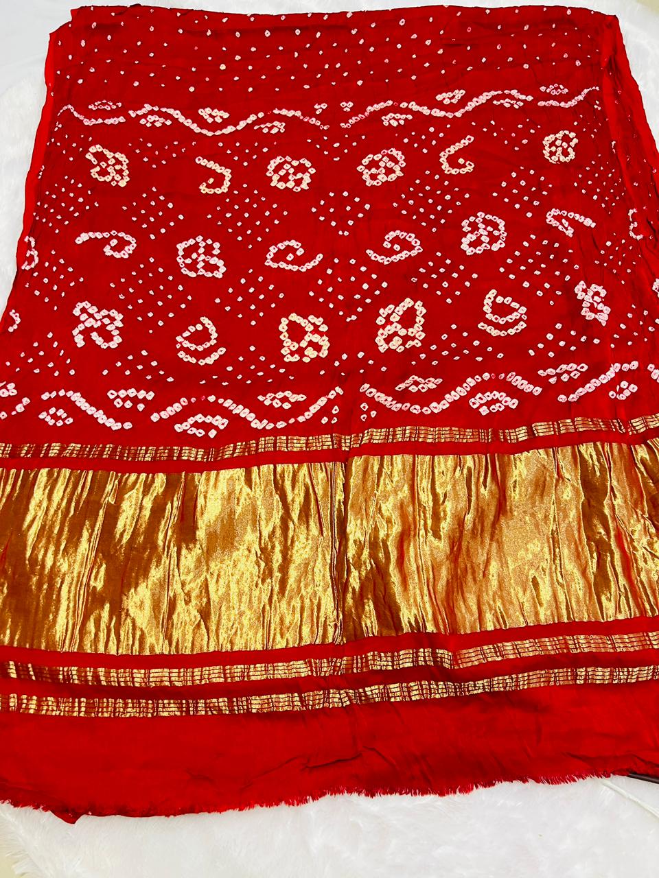 Red Bandhani Gajji Silk Saree with Golden Zari Border