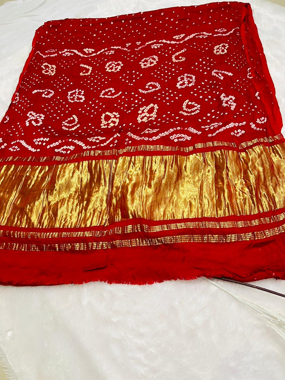 Red Bandhani Gajji Silk Saree with Golden Zari Border