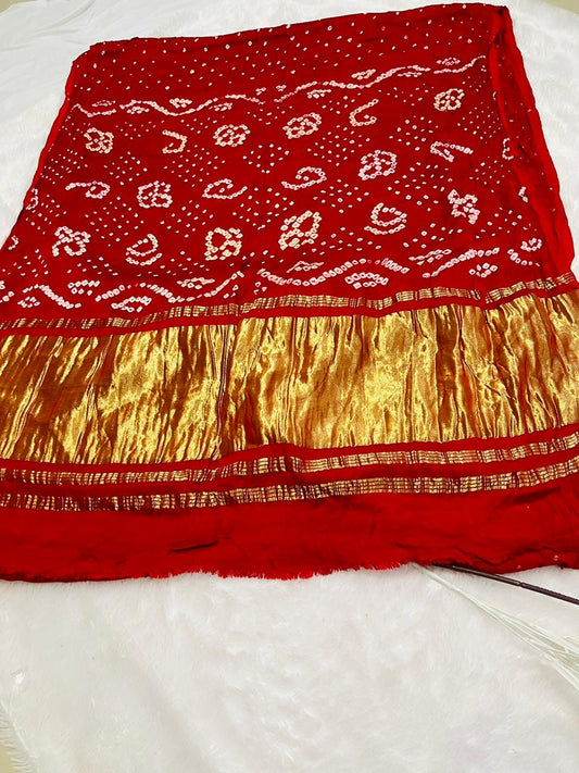 Red Bandhani Gajji Silk Saree with Golden Zari Border
