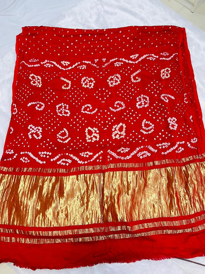 Red Bandhani Gajji Silk Saree with Golden Zari Border