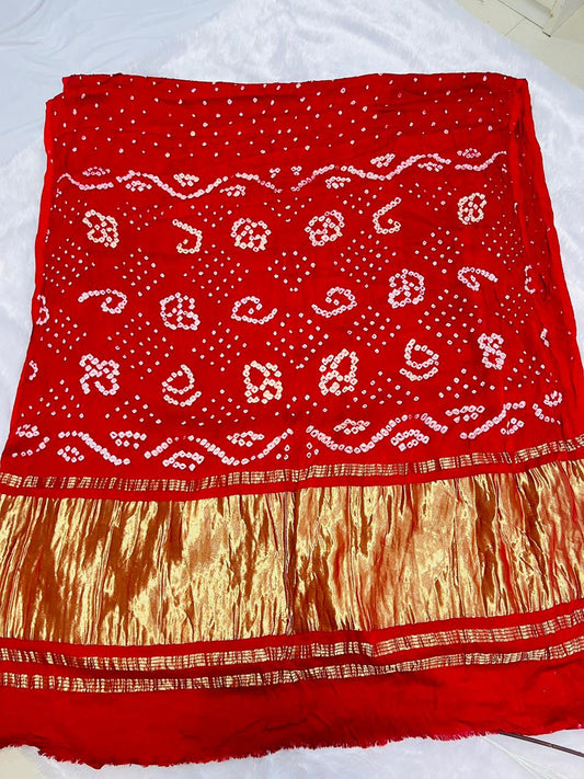 Red Bandhani Gajji Silk Saree with Golden Zari Border
