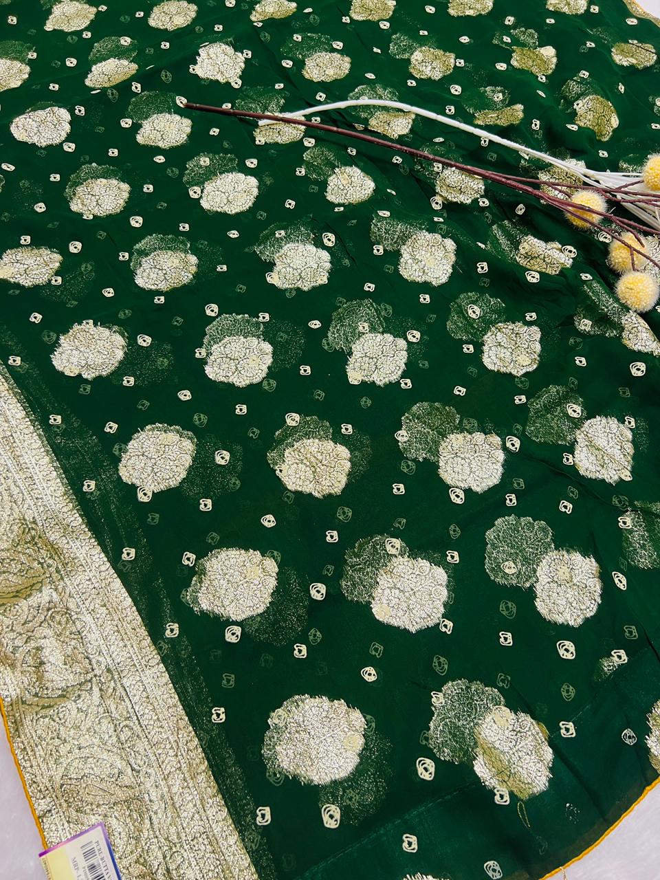 Bottle Green Georgette Bandhani Saree with Golden Zari Border