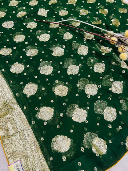 Bottle Green Georgette Bandhani Saree with Golden Zari Border