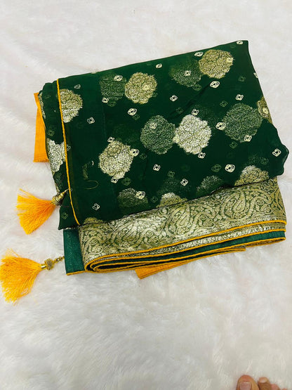 Bottle Green Georgette Bandhani Saree with Golden Zari Border