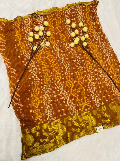 Rust Brown Georgette Bandhani Saree with Golden Zari Jacquard Border
