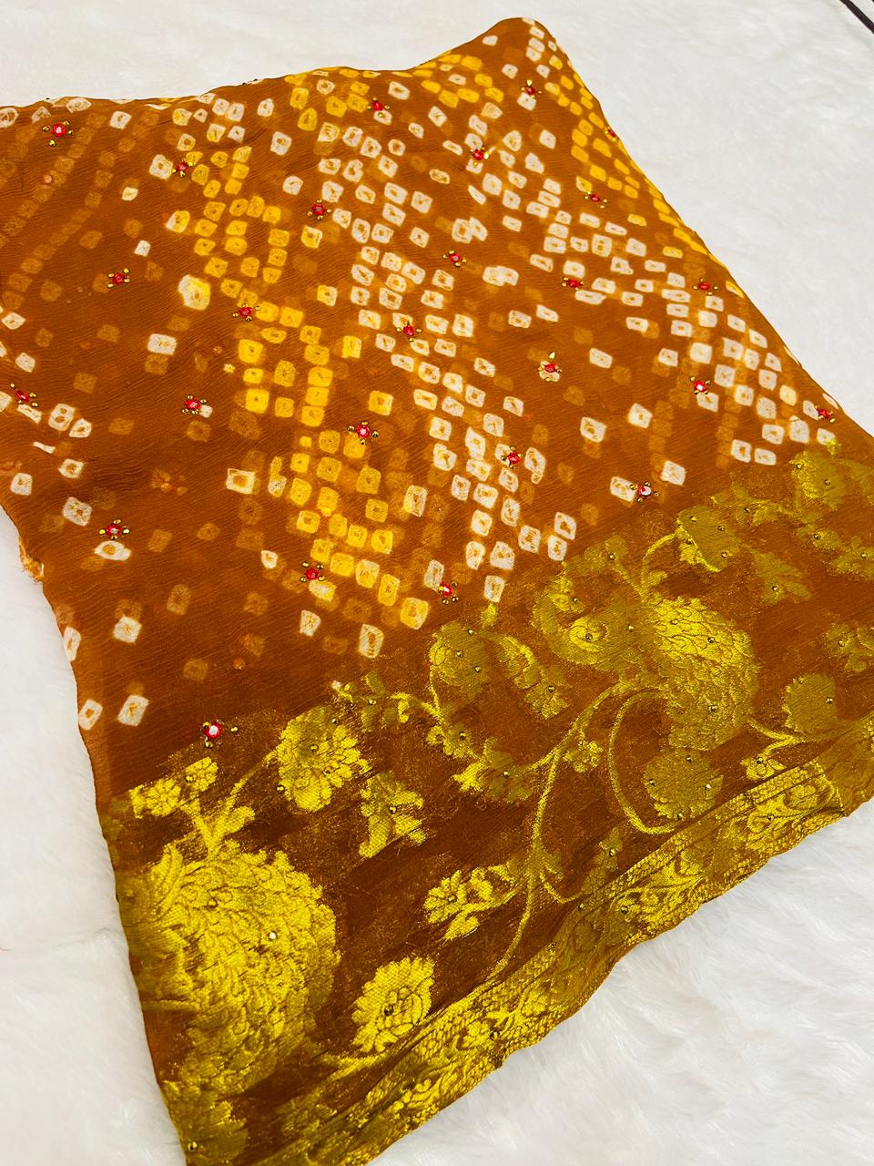 Rust Brown Georgette Bandhani Saree with Golden Zari Jacquard Border
