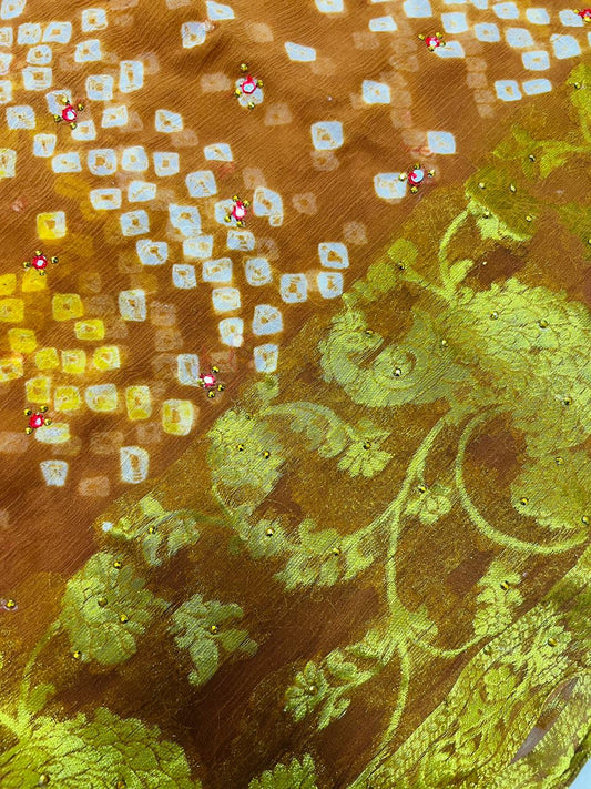Rust Brown Georgette Bandhani Saree with Golden Zari Jacquard Border