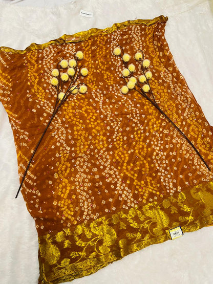 Rust Brown Georgette Bandhani Saree with Golden Zari Jacquard Border