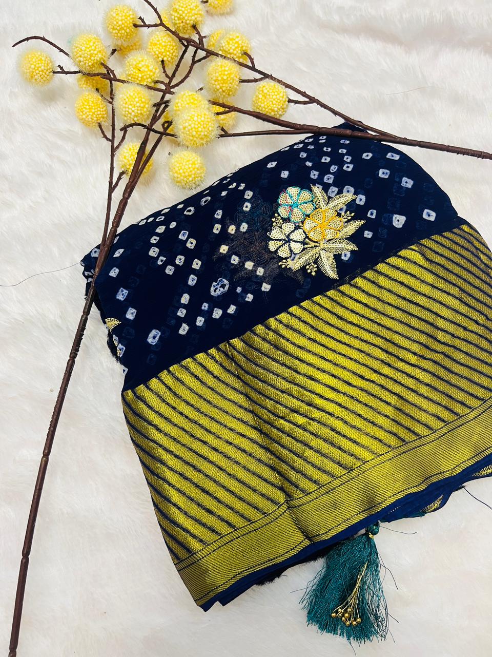 Navy Blue Georgette Bandhani Saree with Floral Sequin Buti