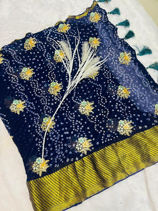 Navy Blue Georgette Bandhani Saree with Floral Sequin Buti