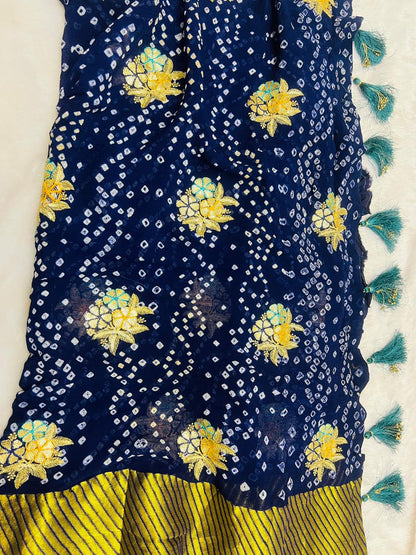 Navy Blue Georgette Bandhani Saree with Floral Sequin Buti