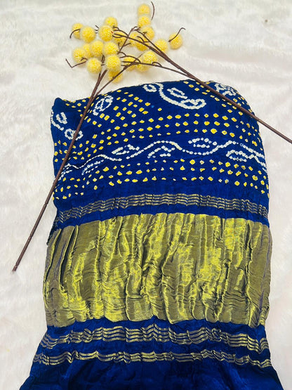 Royal Blue Bandhani Art Silk Saree with Yellow-White Tie-Dye & Golden Zari Border