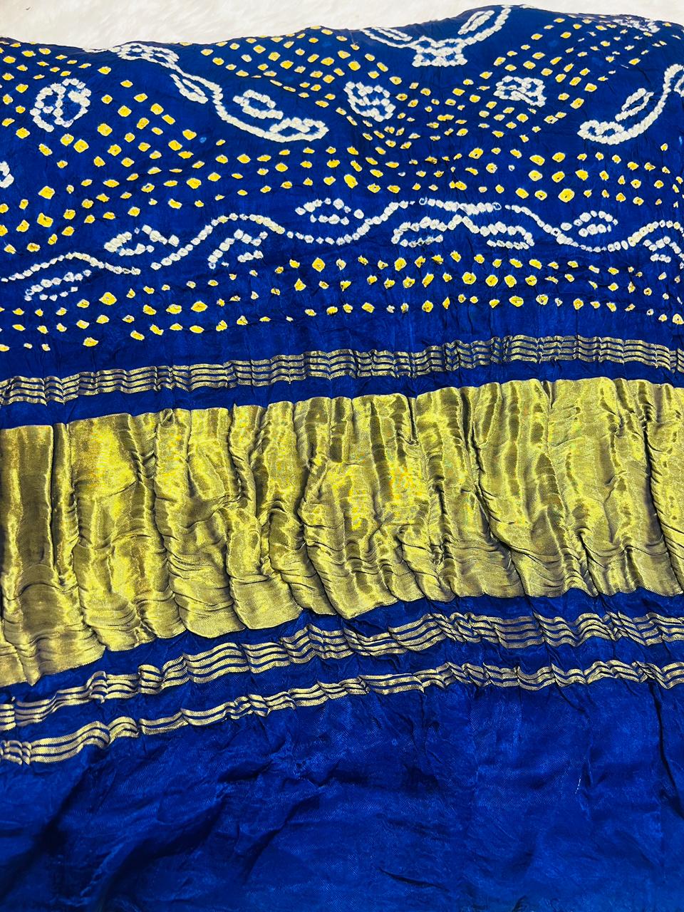 Royal Blue Bandhani Art Silk Saree with Yellow-White Tie-Dye & Golden Zari Border