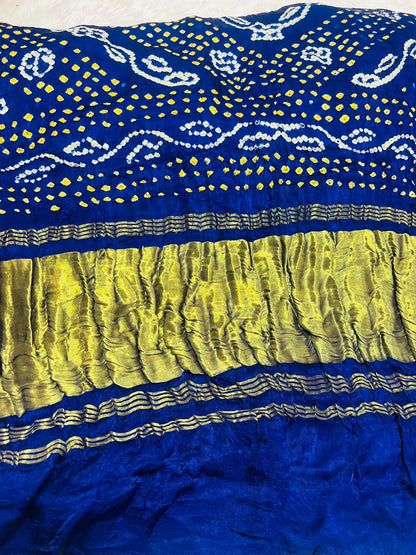 Royal Blue Bandhani Art Silk Saree with Yellow-White Tie-Dye & Golden Zari Border