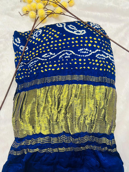 Royal Blue Bandhani Art Silk Saree with Yellow-White Tie-Dye & Golden Zari Border