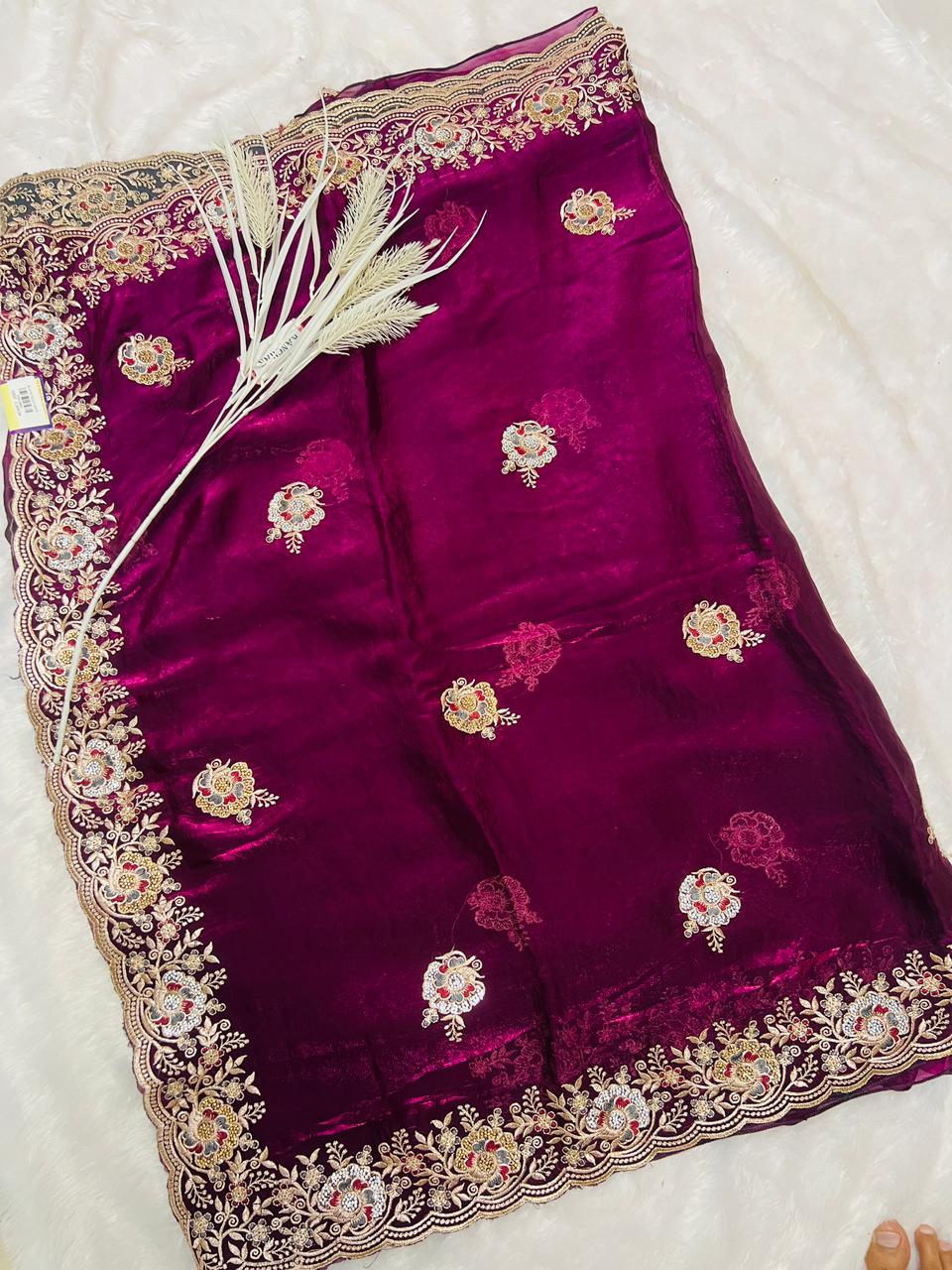 Wine Velvet Embroidered Saree with Heavy Zari Border & Floral Sequin Butti