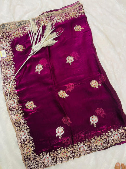 Wine Velvet Embroidered Saree with Heavy Zari Border & Floral Sequin Butti