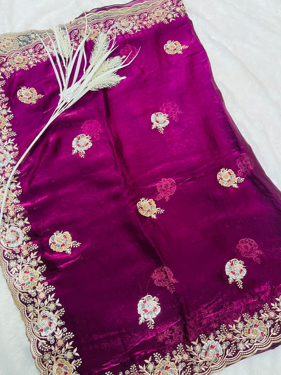 Wine Velvet Embroidered Saree with Heavy Zari Border & Floral Sequin Butti
