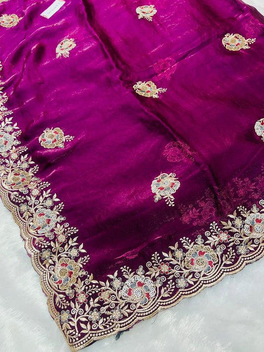 Wine Velvet Embroidered Saree with Heavy Zari Border & Floral Sequin Butti