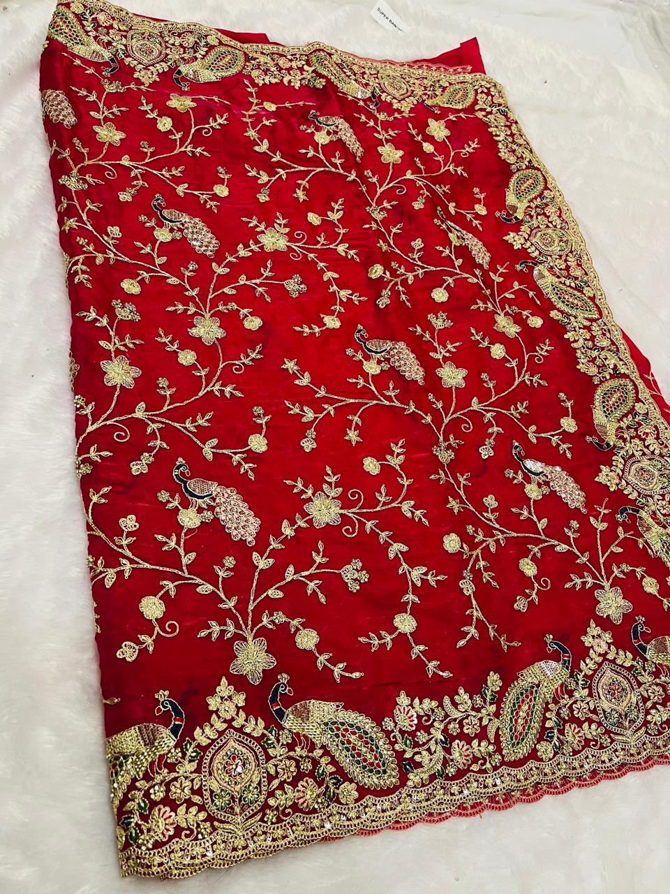 Bridal Red Velvet Peacock Embroidered Saree with Heavy Zari & Stone Work Border