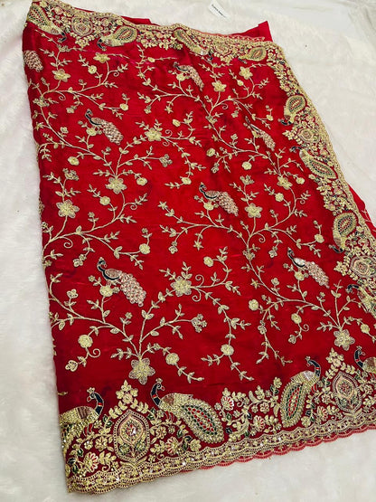 Bridal Red Velvet Peacock Embroidered Saree with Heavy Zari & Stone Work Border