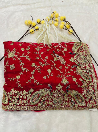Bridal Red Velvet Peacock Embroidered Saree with Heavy Zari & Stone Work Border