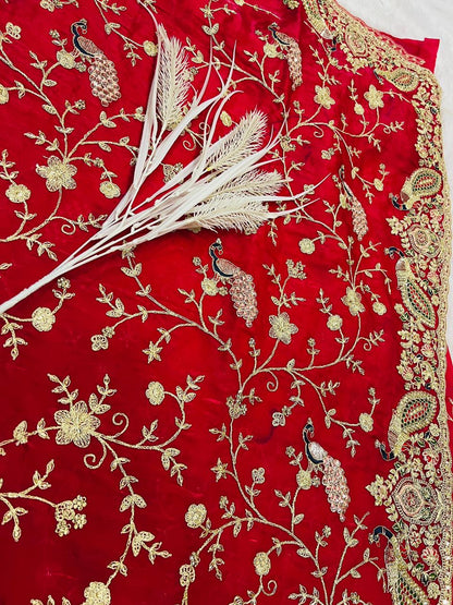 Bridal Red Velvet Peacock Embroidered Saree with Heavy Zari & Stone Work Border