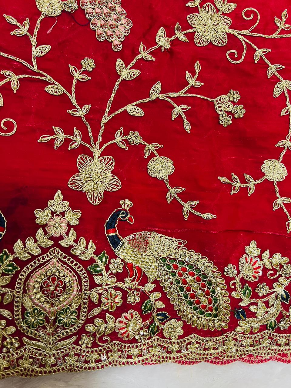 Bridal Red Velvet Peacock Embroidered Saree with Heavy Zari & Stone Work Border