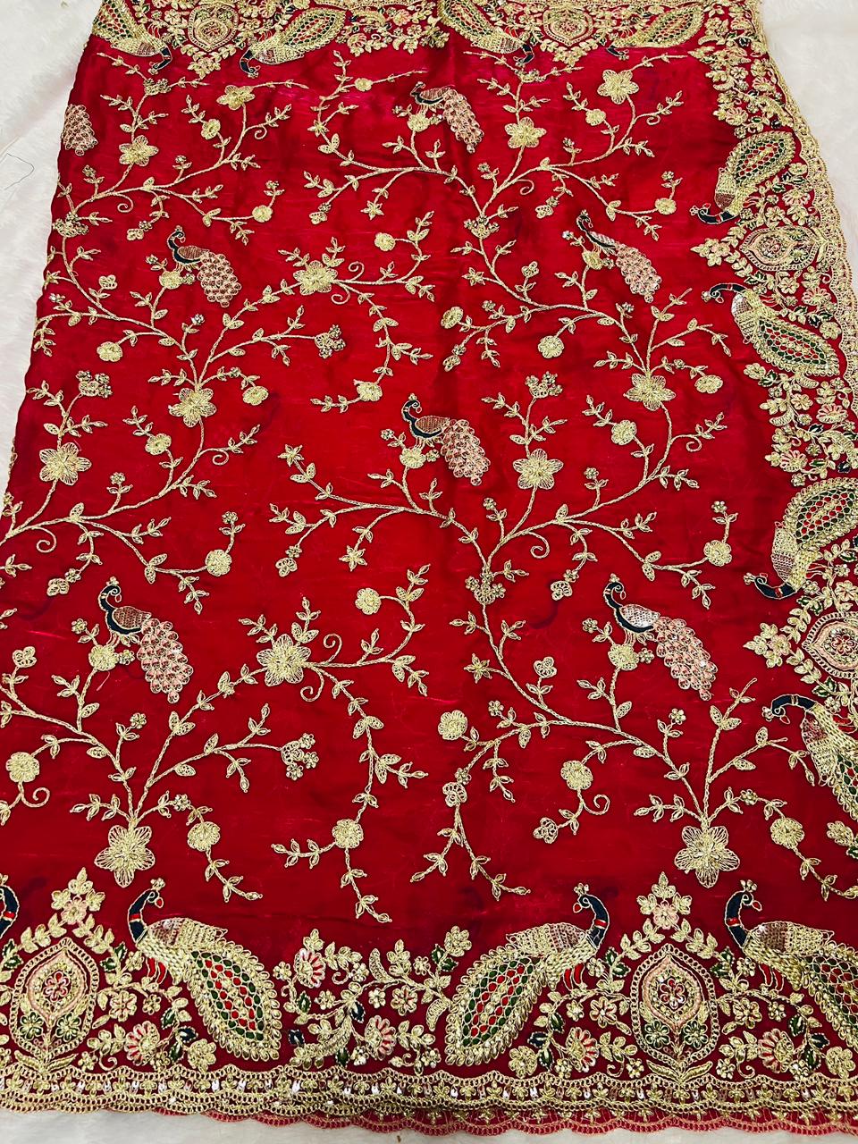 Bridal Red Velvet Peacock Embroidered Saree with Heavy Zari & Stone Work Border