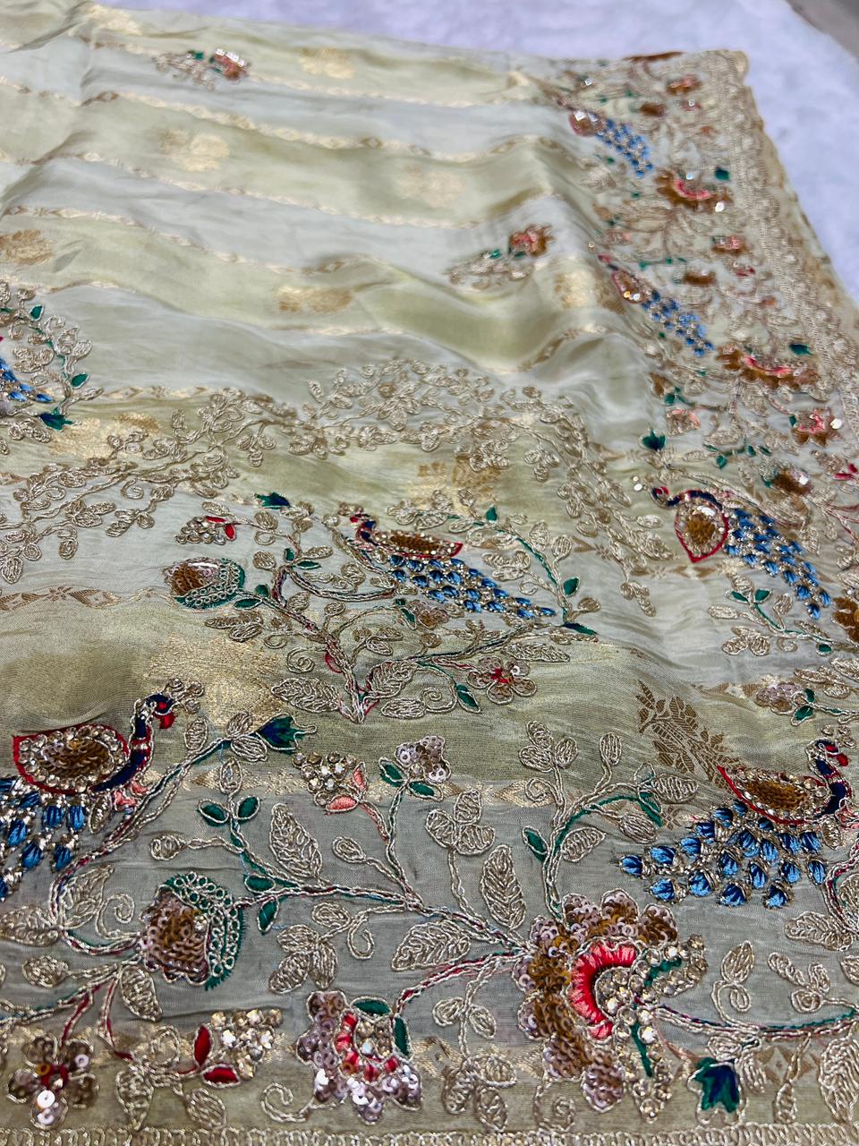 Pastel Pistachio Organza Embroidered Saree with Peacock Motifs & Heavy Zari Border